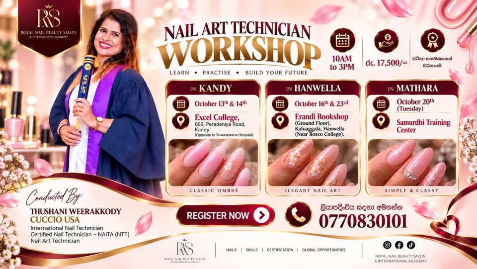 Nail Art Technician Workshop poster — conducted by Thushani Weerakkody, Cuccio USA